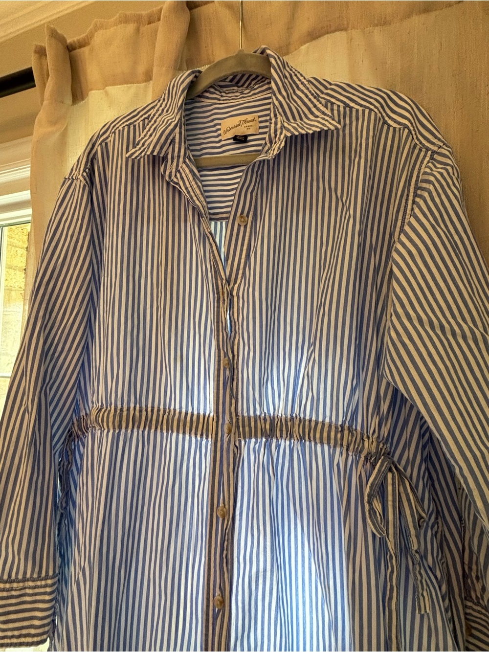 Universal Thread Blue and White Striped Drawstring Button-Down Shirt